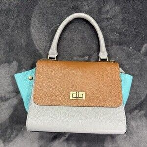 Vera Pelle Colorblock Pebbled Satchel Top Handle Bag with Gold Hardware